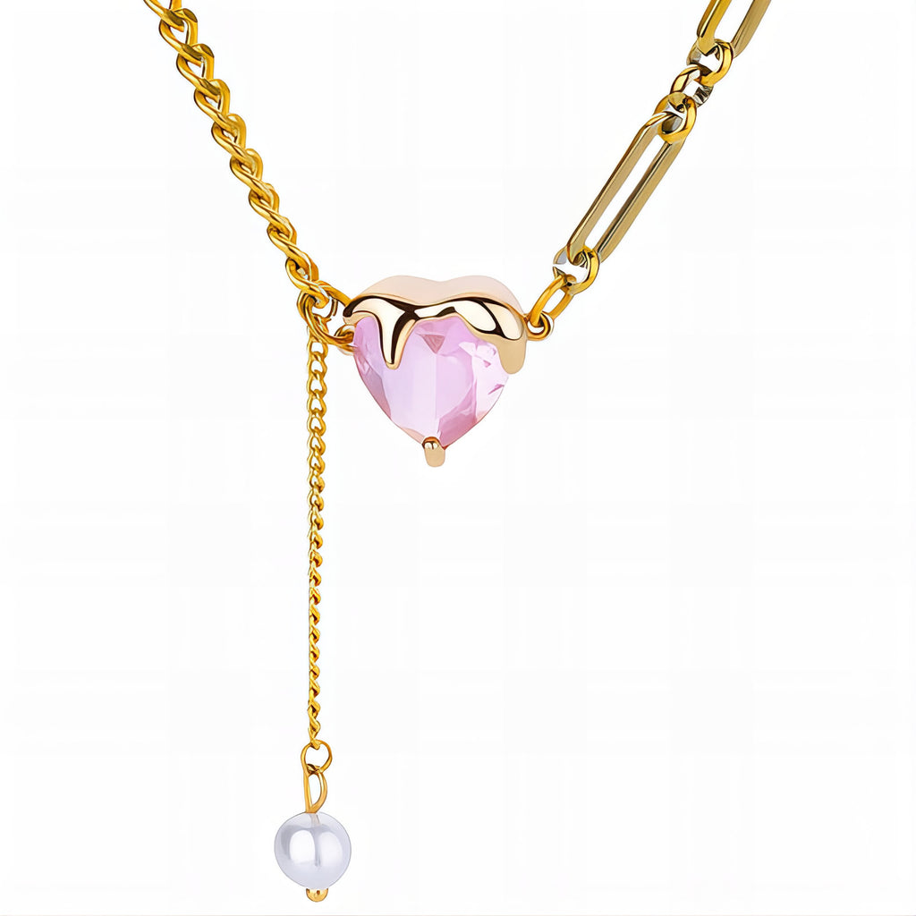 Pink heart 💖 necklace with pearl 18k gold plated